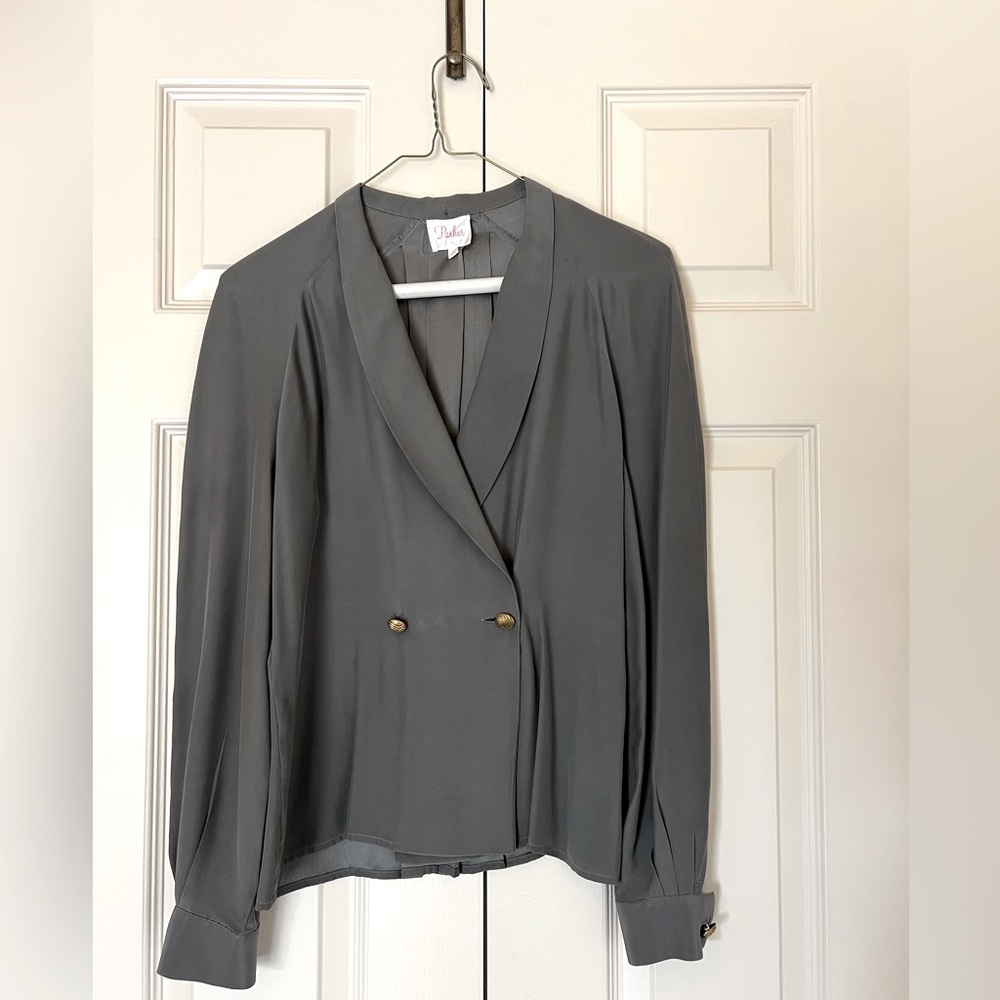 Jules Gray Double-Breasted Satin Blouse, Size Extra Small